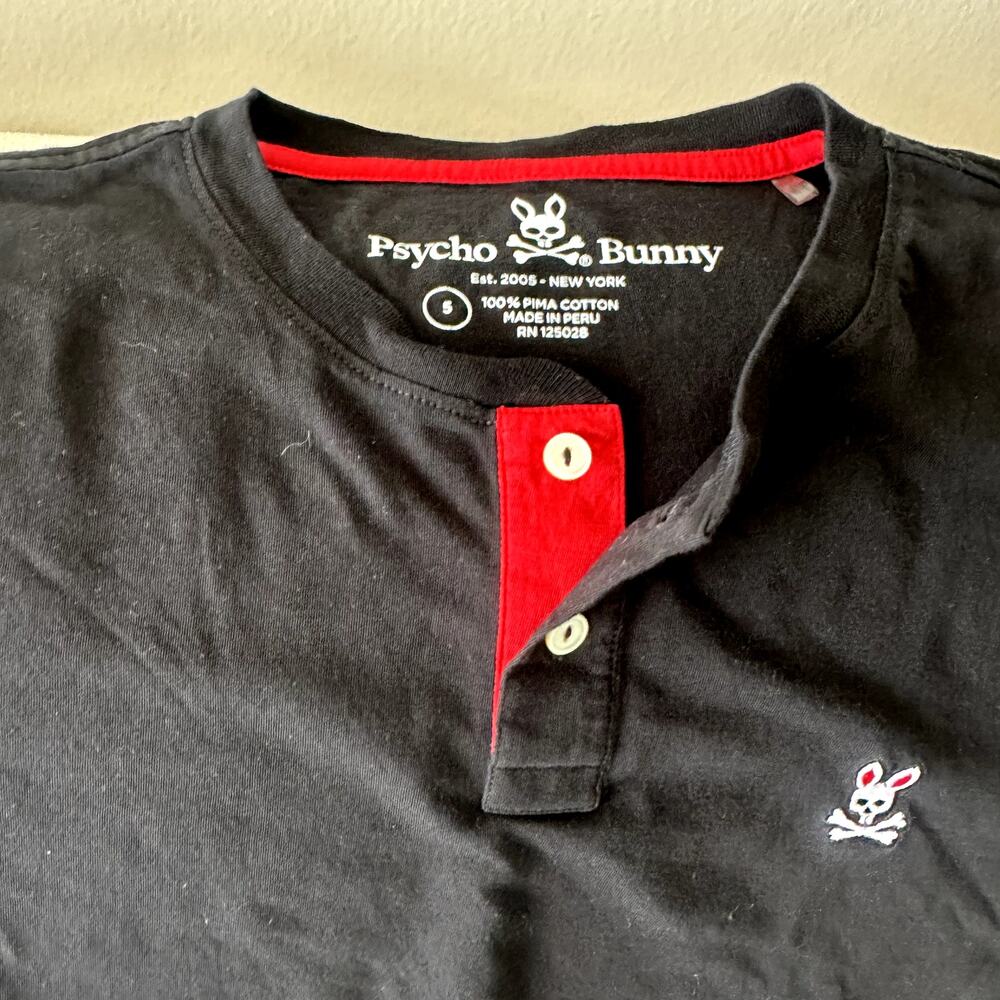 Psycho Bunny Men's Black Pima Cotton Short Sleeve Henley Shirt Size 5 / L EUC - Picture 5 of 8